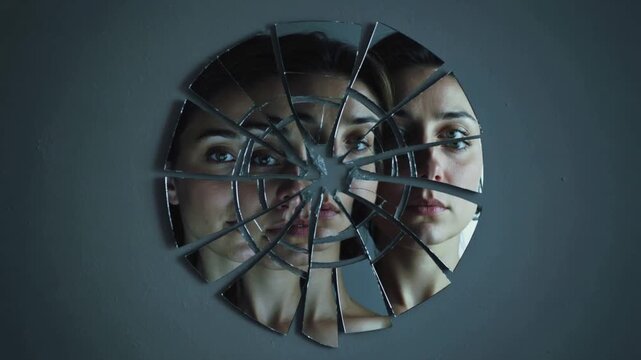 A woman's reflection is shown in a broken mirror. Concept of sadness and loneliness, as the woman's face is distorted and fragmented