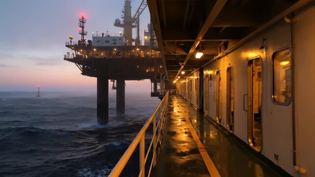 Offshore oil platform illuminated at dusk in ocean. Vessel deck walkway reflects platform lights. Oil rig with crane stands in sea at dusk. Platform lights glow over wet deck. Offshore platform in
