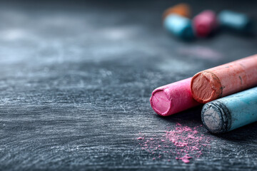 Three bright crayons on black chalkboard surface, minimalist education concept background