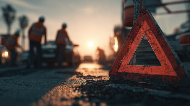 Workers perform road maintenance during sunset near urban area with warning signs present on the ground