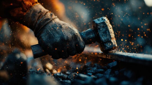 Worker holds hammer while striking metal near tracks during sunset at a worksite