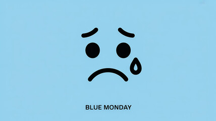 Minimalist cartoon illustration of a sad face on blue background representing blue monday with emotional and mental health and awareness and expression