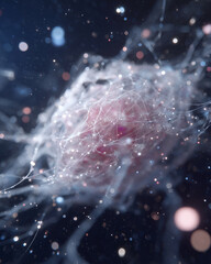 A fuzzy pink blob with a lot of dots and lines