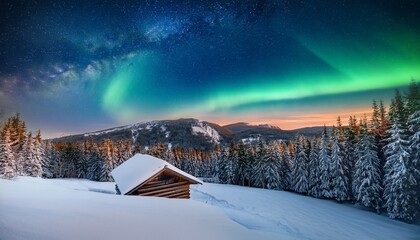 Stunning Aurora Borealis Over Snow Mountain Landscape With Wood Cottage