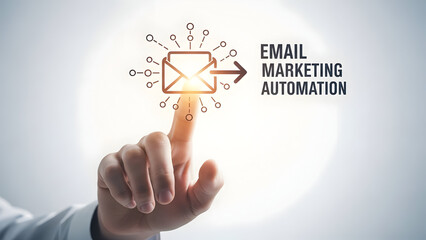 Hand activating email marketing automation icon, minimal background