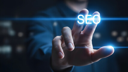 hand touching glowing SEO text hologram, dark blurred background