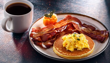Scrambled Egg Bacon Pancakes Coffee Breakfast Cup Plate Scrambled Egg And Bacon Breakfast With Pancakes And Coffee Festive