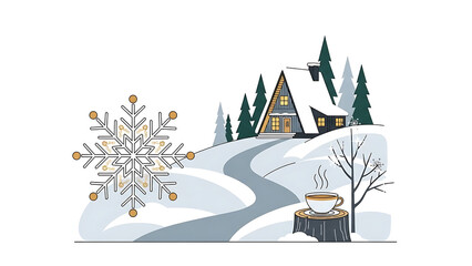 Naklejka premium Snowy cabin with coffee and snowflake isolated on a transparent background