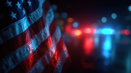 American flag displayed at night with police lights in the background creating a strong atmosphere