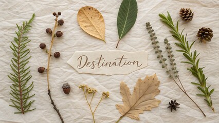 Artistic botanical arrangement with the word Destination natural elements.