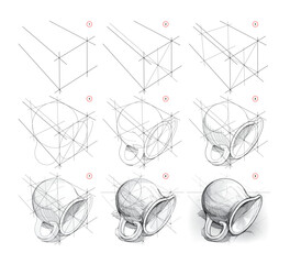 Pencil drawing lessons. How to learn to draw a jug lying on its side in perspective from life. Educational tutorial for artists. Development of artistic skills. Hand drawn vector illustration.