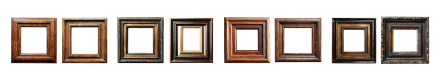 A collection of seven antique ornate picture frames in varying styles on transparent background high quality