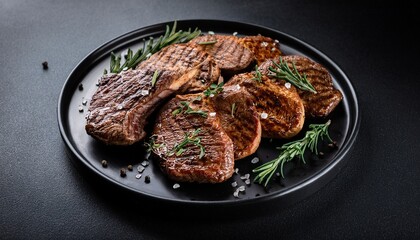 Grilled Meat Cuts Herbs Dark Plate On A Black Background