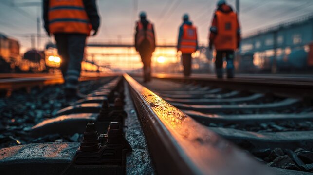 Workers walking along railway tracks at sunset, preparing for a new day of maintenance on the train lines
