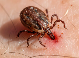 Extreme Macro Close-up of Tick Biting Human Skin and Sucking Blood