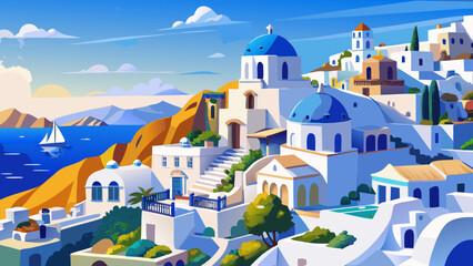 Very beautiful white architecture of Oia village on Santorini island, Greece, featuring iconic cliffside houses, blue accents, and bright sunlight overlooking the Aegean Sea in a timeless composition.