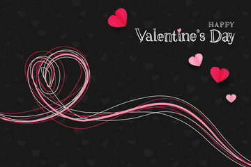 Happy Valentine's Day banner. Holiday background design with big heart made of pink, red Hearts on black background. Horizontal poster, flyer, greeting card, header for website