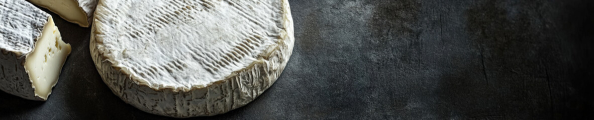 French soft cheese wheel with slice on dark slate background