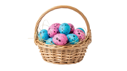 Painted Easter Eggs in Wicker Basket, PNG Image on Transparent Background