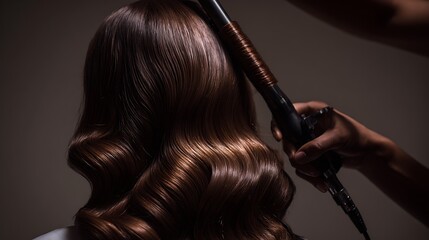 A stylist's hands curling long, flowing, shiny brown hair with a curling iron