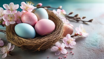 Pastel Easter Eggs And Nest With Delicate Spring Blossoms On A Textured Surface