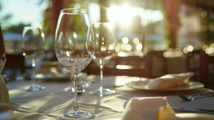 A beautifully set dining table with wine glasses and fine dinnerware bathed in warm natural sunlight, creating a cinematic and inviting atmosphere.