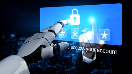 A robotic hand engages with a digital security interface, showcasing a lock symbol, emphasizing the importance of secure access to accounts in the technology era. Gantry