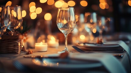 A beautifully set dinner table with wine glasses, candles, and soft bokeh lights creating a warm, elegant ambiance.