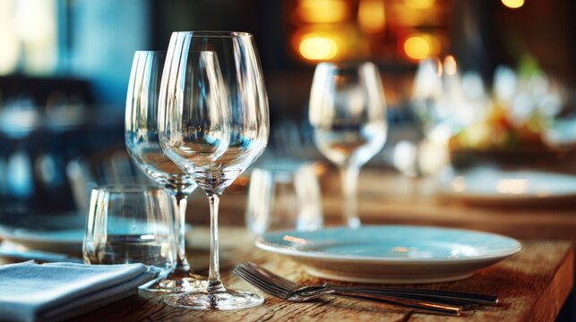 A beautifully set dining table with wine glasses, plates, and cutlery under warm, cinematic lighting with soft bokeh in the background.