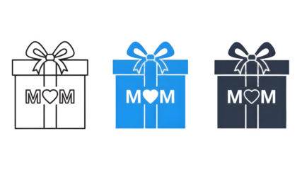 Three colorful gift boxes with mom text isolated on transparent background