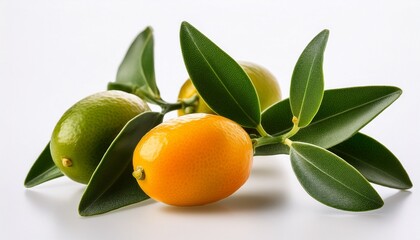 Kumquat Citrus Twig Fresh Green Fruits On White Background