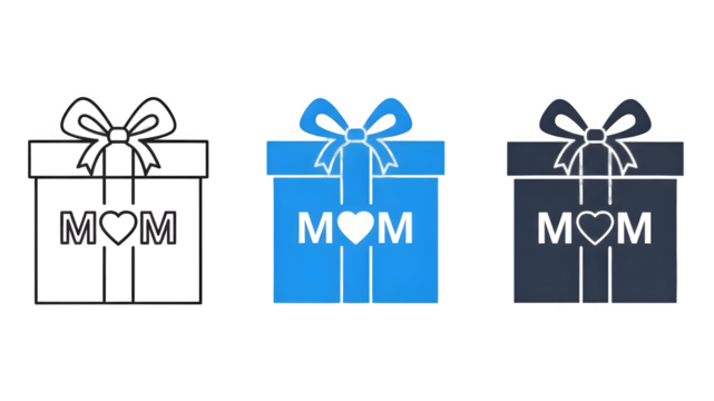 Three colorful gift boxes with mom text isolated on transparent background - Powered by Adobe