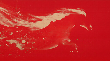 Golden ink brush horse silhouette on a rich red abstract background, Chinese zodiac Year of the Horse design with elegant strokes and festive mood for posters, calendars and greeting cards