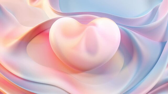 Pastel heart emerging through fluid silk waves in dreamlike motion. Valentine Day