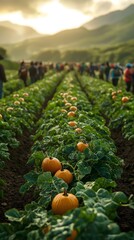 Pumpkin picking activity in a scenic farm at sunset