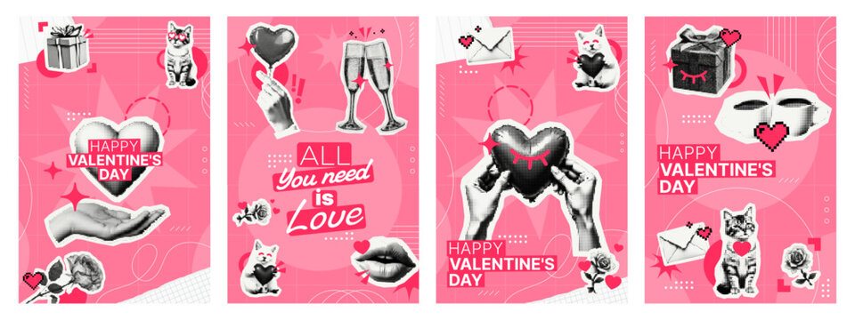 Set of modern Valentines Day story template with halftoned elements, love symbols, and text on a vibrant pink background.