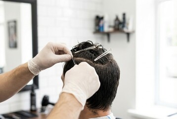 Hair stylist cutting hair at a barbershop in the afternoon using scissors and clips for styling and precision