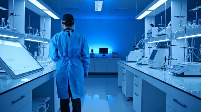 Scientist walks through modern laboratory with equipment. Woman in protective gown and face shield works in laboratory. Laboratory with glassware and scientific equipment under blue light.