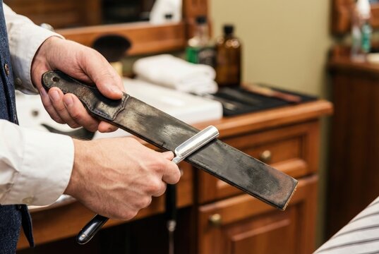 Barber sharpens straight razor with leather strop in traditional barbershop setting during daytime