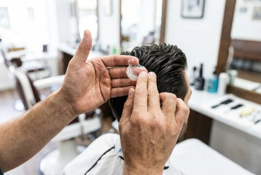 Barbershop scene where a stylist styles hair using a comb and a gel on a client during the afternoon in a modern salon environment