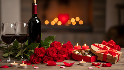 Romantic Rendezvous: Two elegant glasses of red wine sit invitingly beside a bottle, amidst a bouquet of crimson roses and heart-shaped treats.