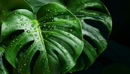 Fototapeta premium Vibrant Green Monstera Leaf With Water Drops On It