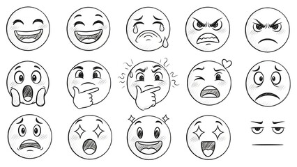 Variety of emotions: A collection of various emotions, depicting happiness, sadness, anger, and many other sentiments. These drawings present a spectrum of feelings.