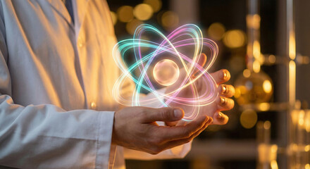 Scientist holding a glowing holographic atom model in a laboratory representing advanced research