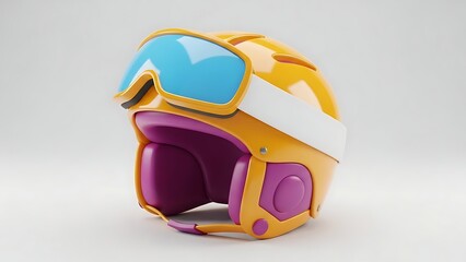 3D Illustration of a Colorful Ski and Snowboard Helmet with Blue Goggles, Vibrant Orange and Pink Design for Winter Sports Protection