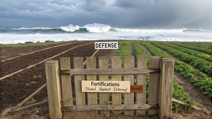 Wooden fence with sign in front of a field with a cloudy sky.