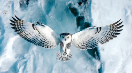 Snowy owl soaring high over icy landscape in bright daylight
