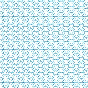 Seamless geometric hexagon pattern, repeating interlocking hexagonal outlines, thin blue line art, minimal flat vector style, clean symmetrical grid layout, modern Islamic geometric inspiration, preci