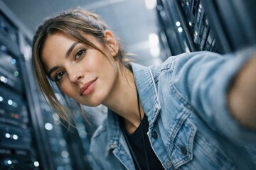 Female Technician In Modern Data Center.
Confident young IT specialist standing between server racks in a high-tech data center, representing digital infrastructure, cybersecurity