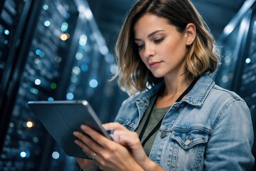 Female IT Specialist Using Tablet In Data Center.
Focused female technician checks system data on a tablet while standing between server racks in a modern data center environment with cool blue light